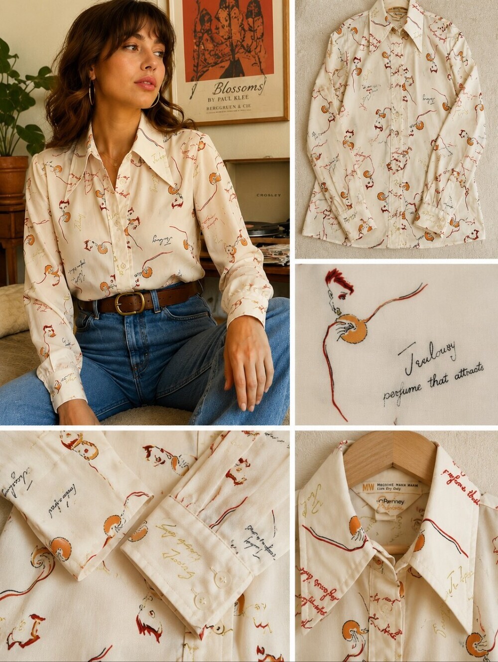 Vintage 70s Novelty Perfume Print Dagger Collar Blouse Disco Mod Shirt XS/S